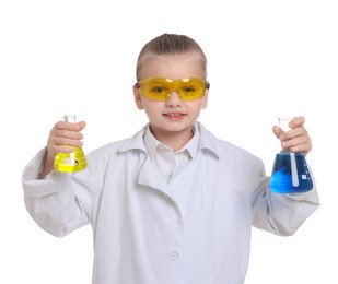 Photo of Little girl with glassware pretending to be scientist on white background. Dreaming of future profession