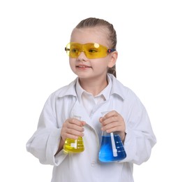 Little girl with glassware pretending to be scientist on white background. Dreaming of future profession