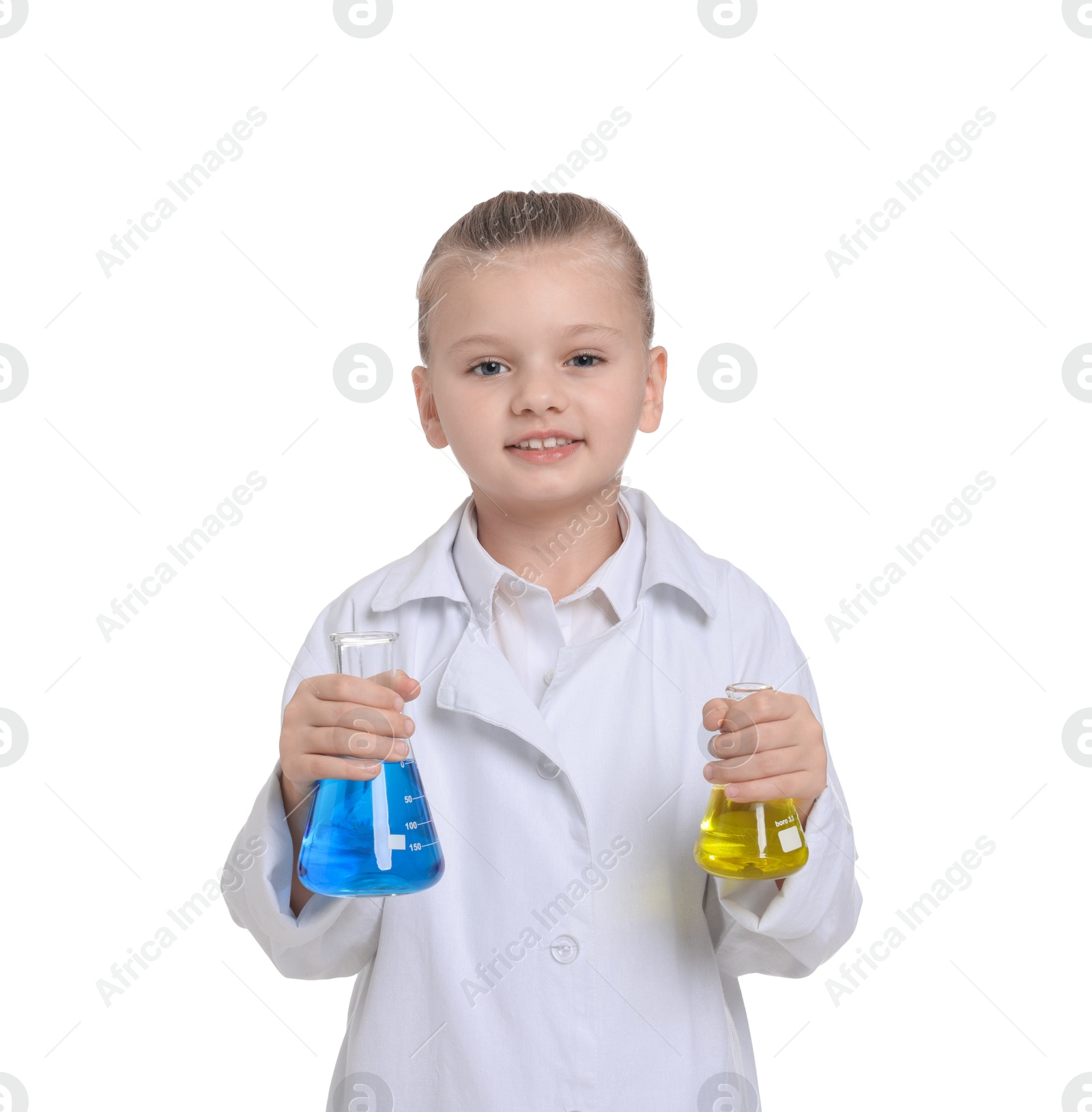 Photo of Little girl with glassware pretending to be scientist on white background. Dreaming of future profession