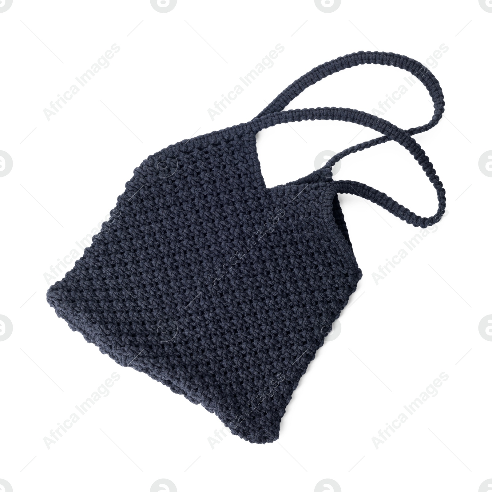 Photo of Handmade macrame shopping bag isolated on white, top view