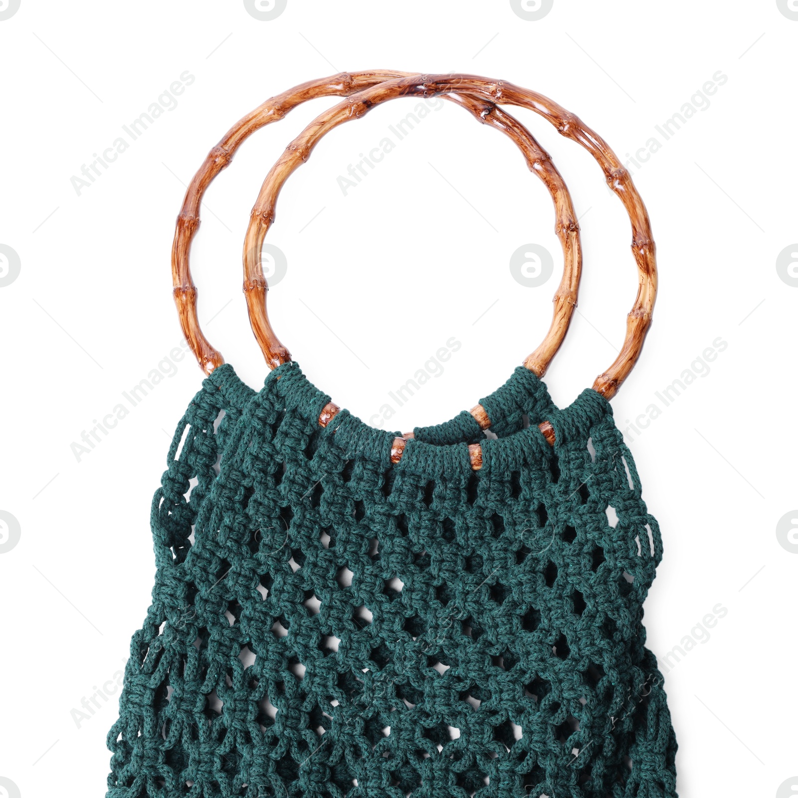 Photo of Handmade macrame shopping bag isolated on white, top view