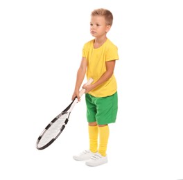 Photo of Little boy with tennis racket on white background