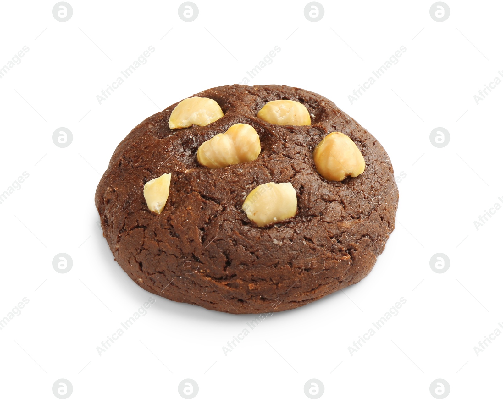 Photo of One tasty chocolate cookie with hazelnuts isolated on white