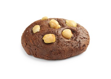 Photo of One tasty chocolate cookie with hazelnuts isolated on white