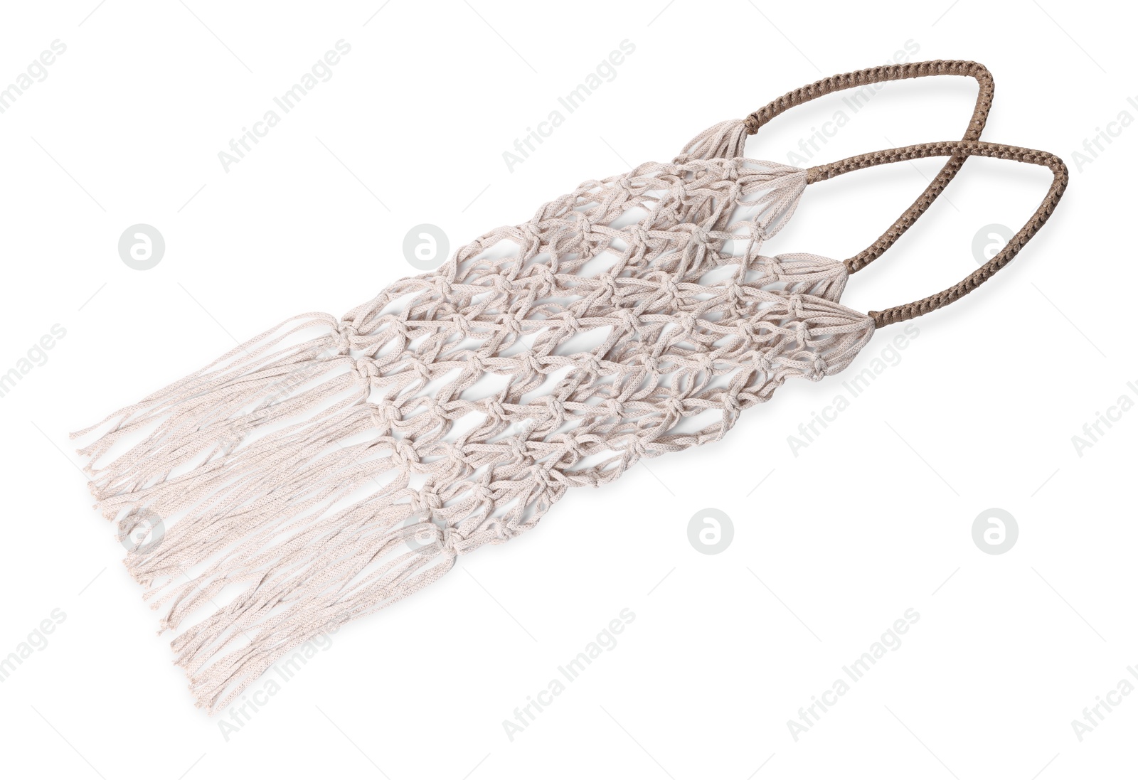 Photo of Handmade macrame shopping bag isolated on white, top view