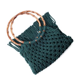 Photo of Handmade macrame shopping bag isolated on white, top view