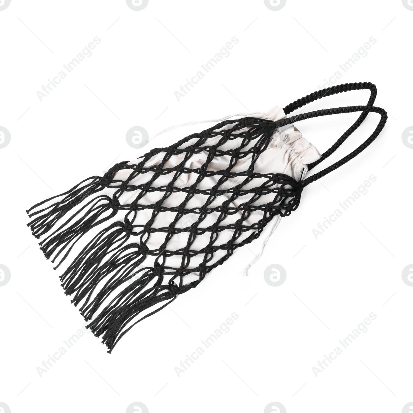 Photo of Handmade macrame shopping bag isolated on white, top view