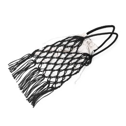 Photo of Handmade macrame shopping bag isolated on white, top view