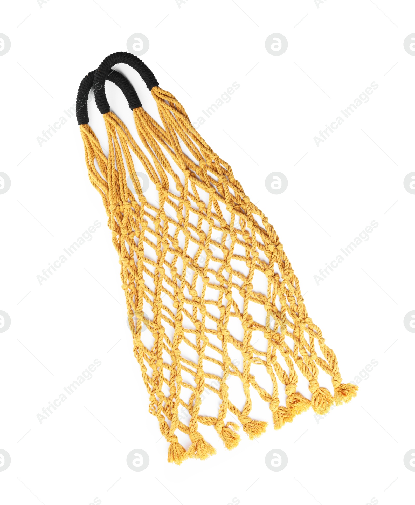 Photo of Handmade macrame shopping bag isolated on white, top view