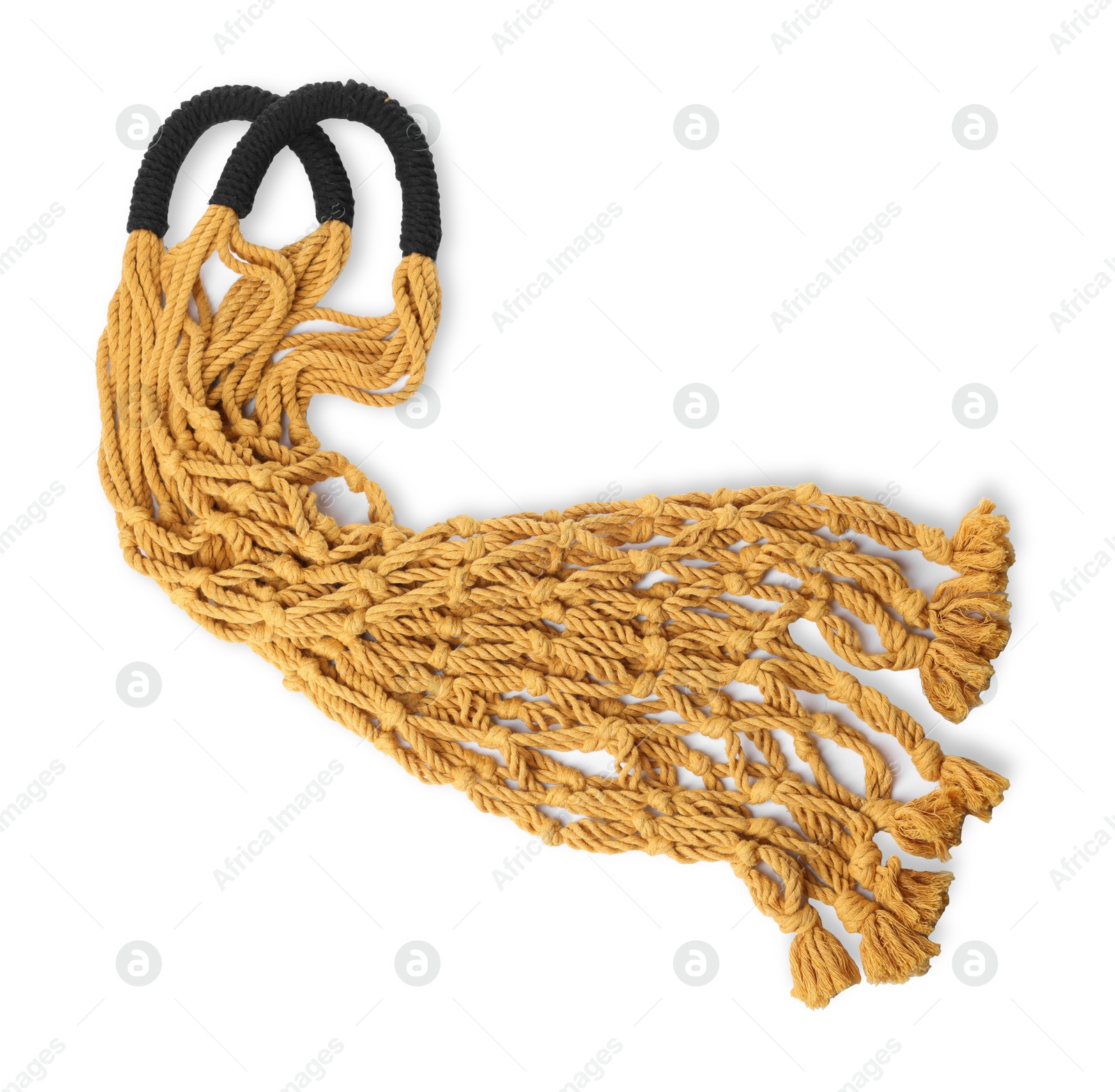 Photo of Handmade macrame shopping bag isolated on white, top view