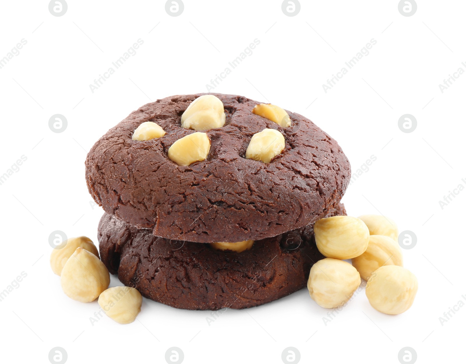 Photo of Tasty chocolate cookies with hazelnuts isolated on white