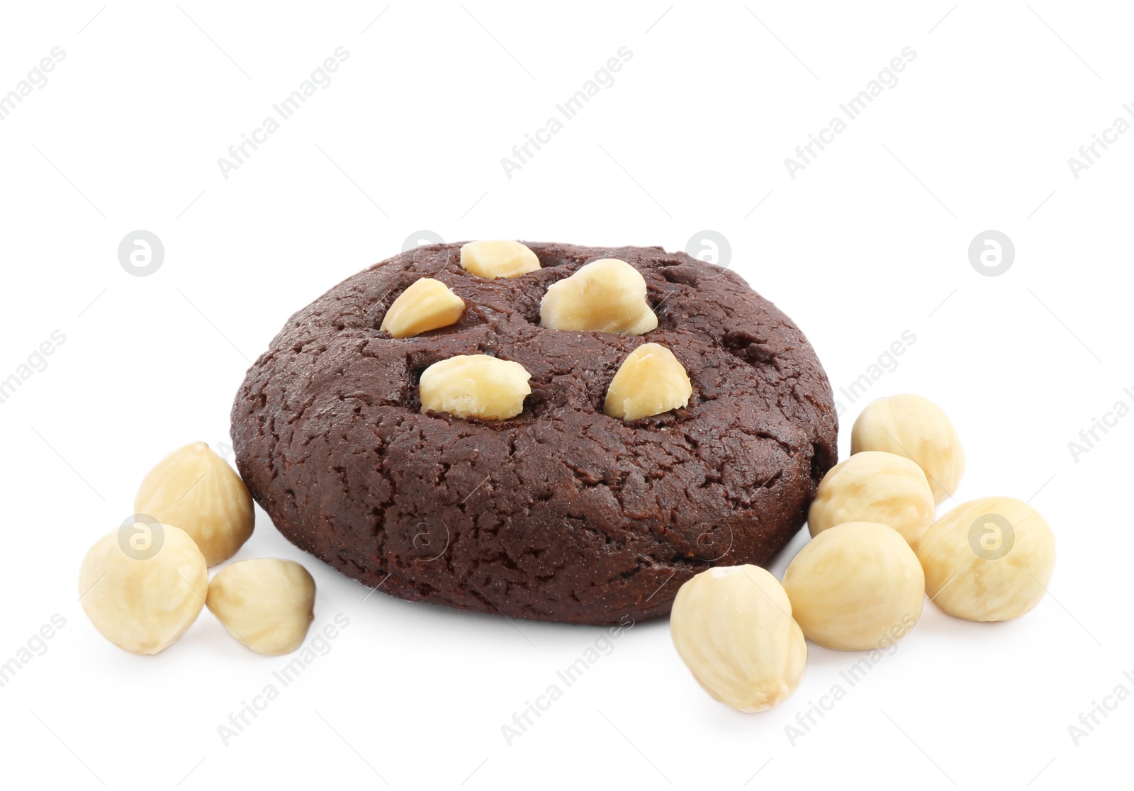 Photo of One tasty chocolate cookie with hazelnuts isolated on white