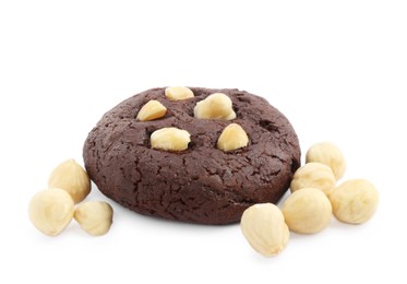 Photo of One tasty chocolate cookie with hazelnuts isolated on white