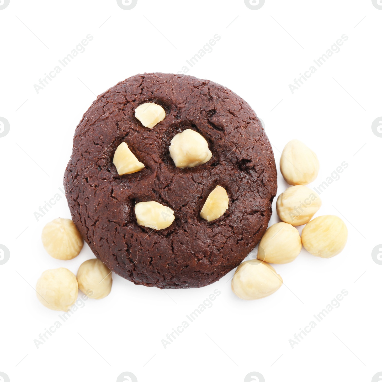 Photo of One tasty chocolate cookie with hazelnuts isolated on white, top view