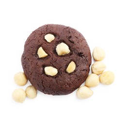 Photo of One tasty chocolate cookie with hazelnuts isolated on white, top view