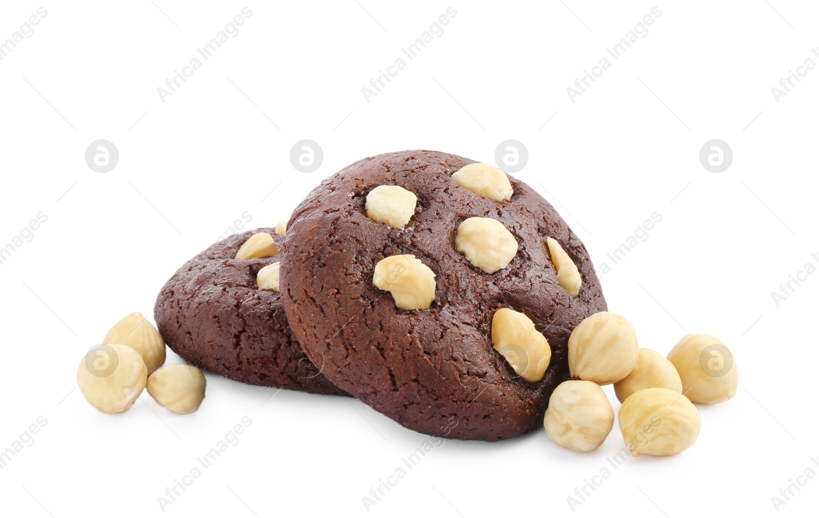 Photo of Tasty chocolate cookies with hazelnuts isolated on white