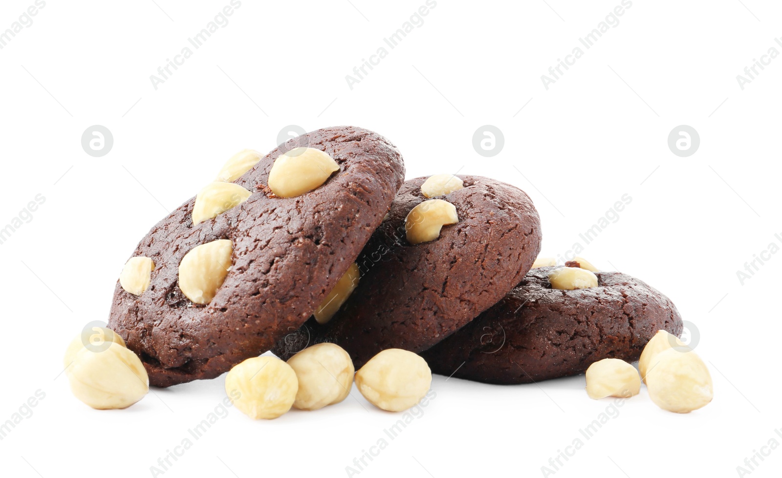 Photo of Tasty chocolate cookies with hazelnuts isolated on white