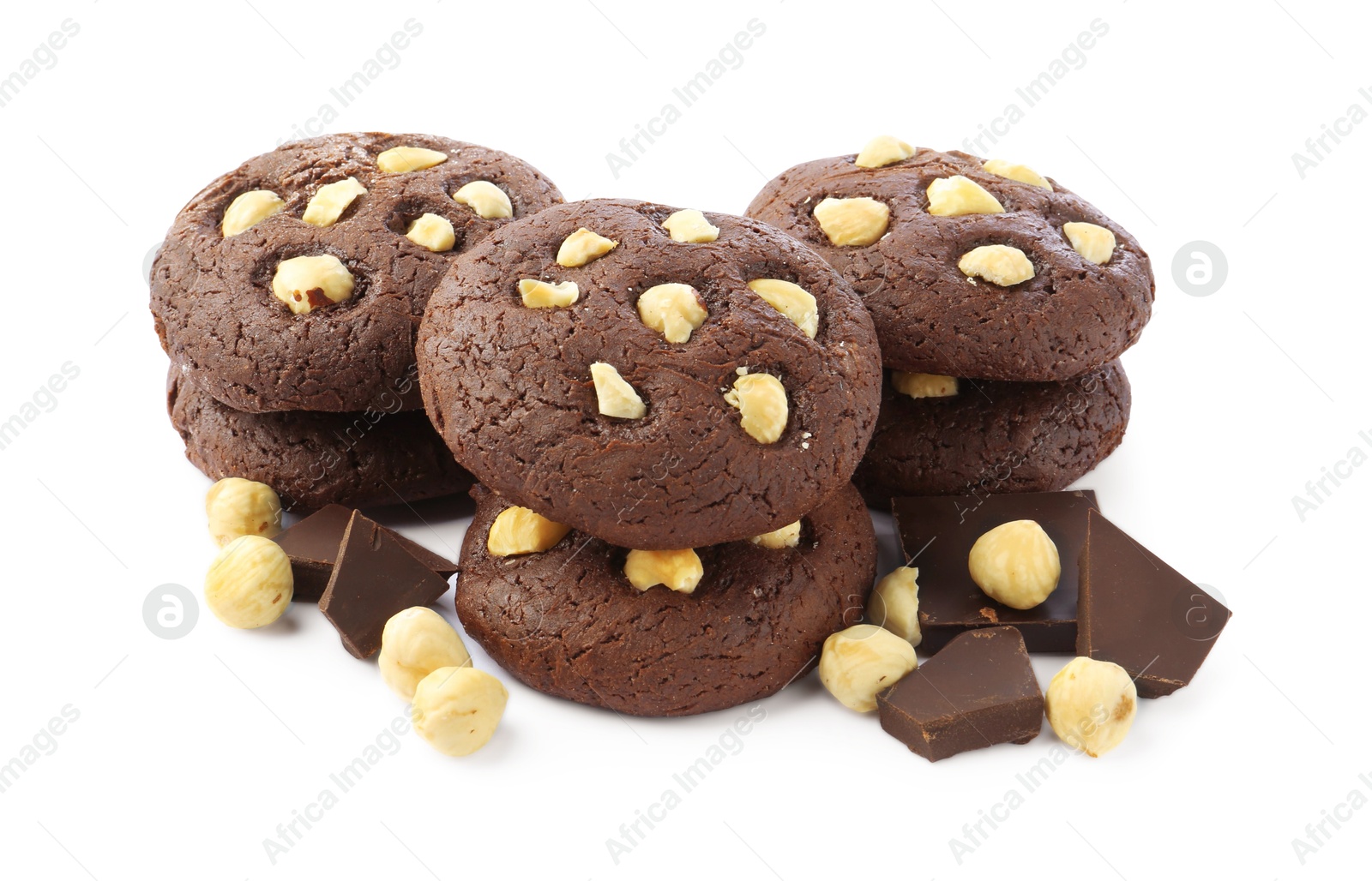 Photo of Tasty chocolate cookies with hazelnuts isolated on white