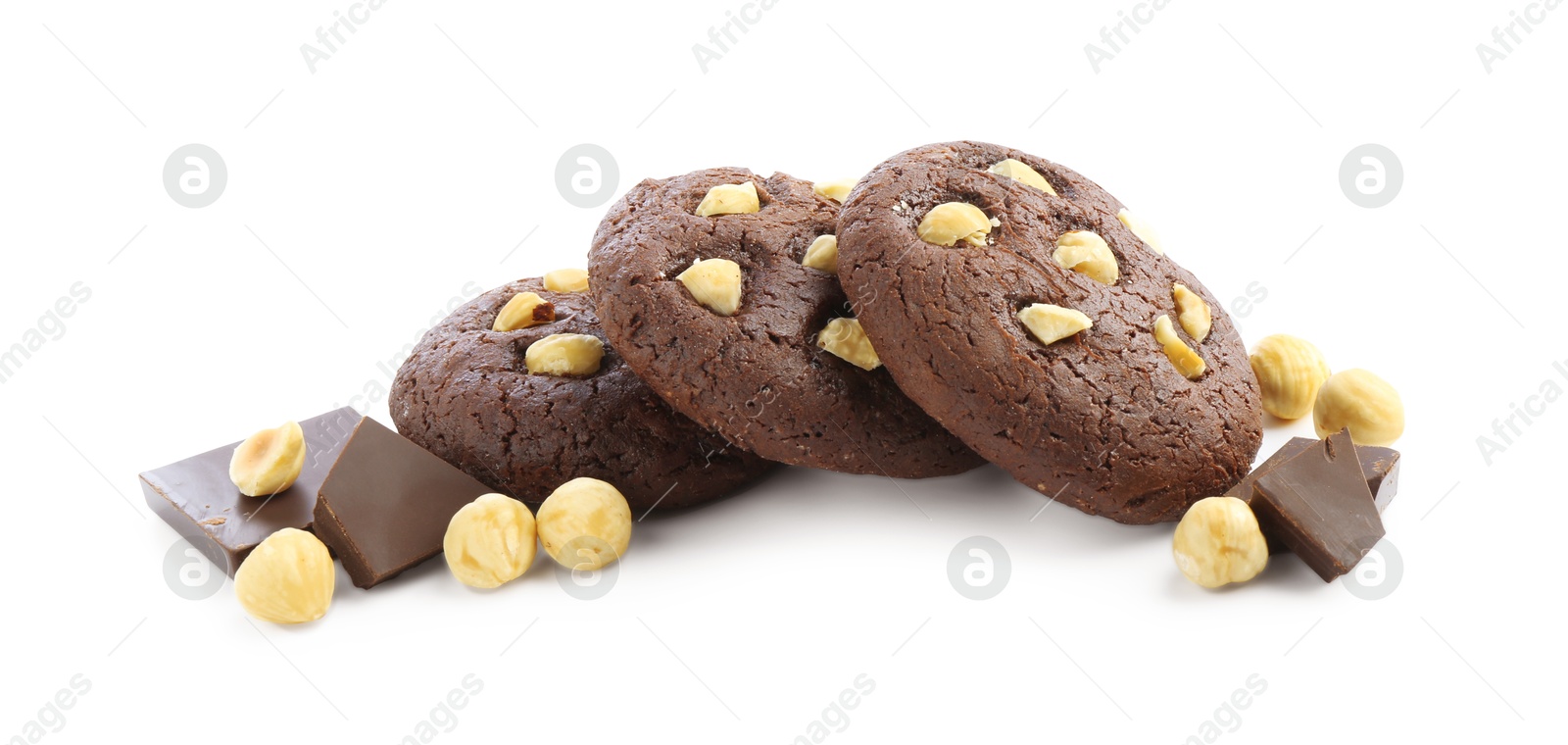 Photo of Tasty chocolate cookies with hazelnuts isolated on white