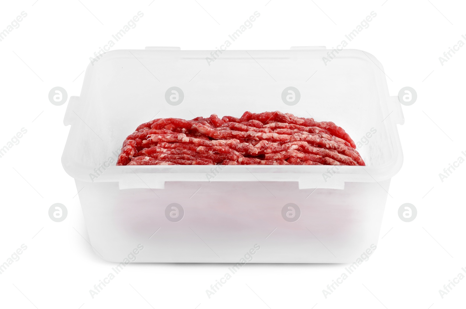 Photo of Frozen minced meat in container isolated on white