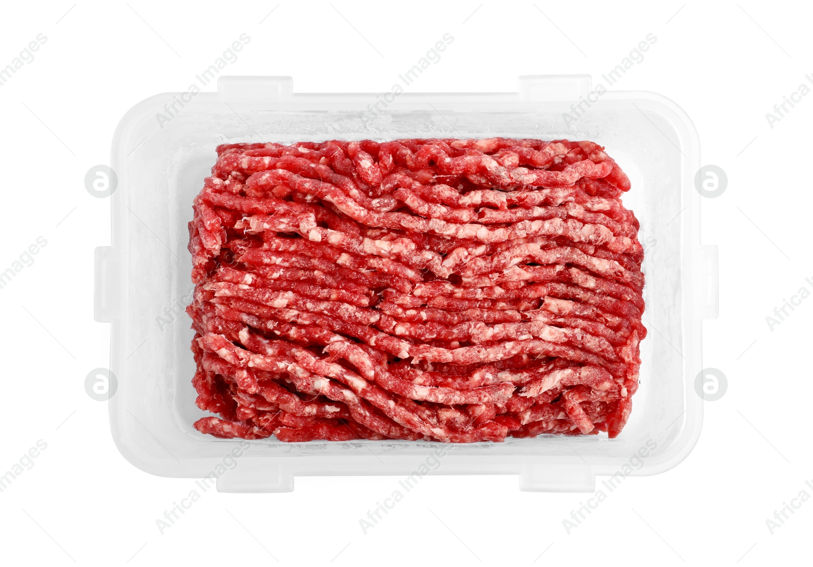 Photo of Frozen minced meat in container isolated on white, top view