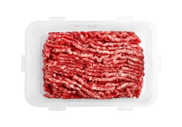 Photo of Frozen minced meat in container isolated on white, top view