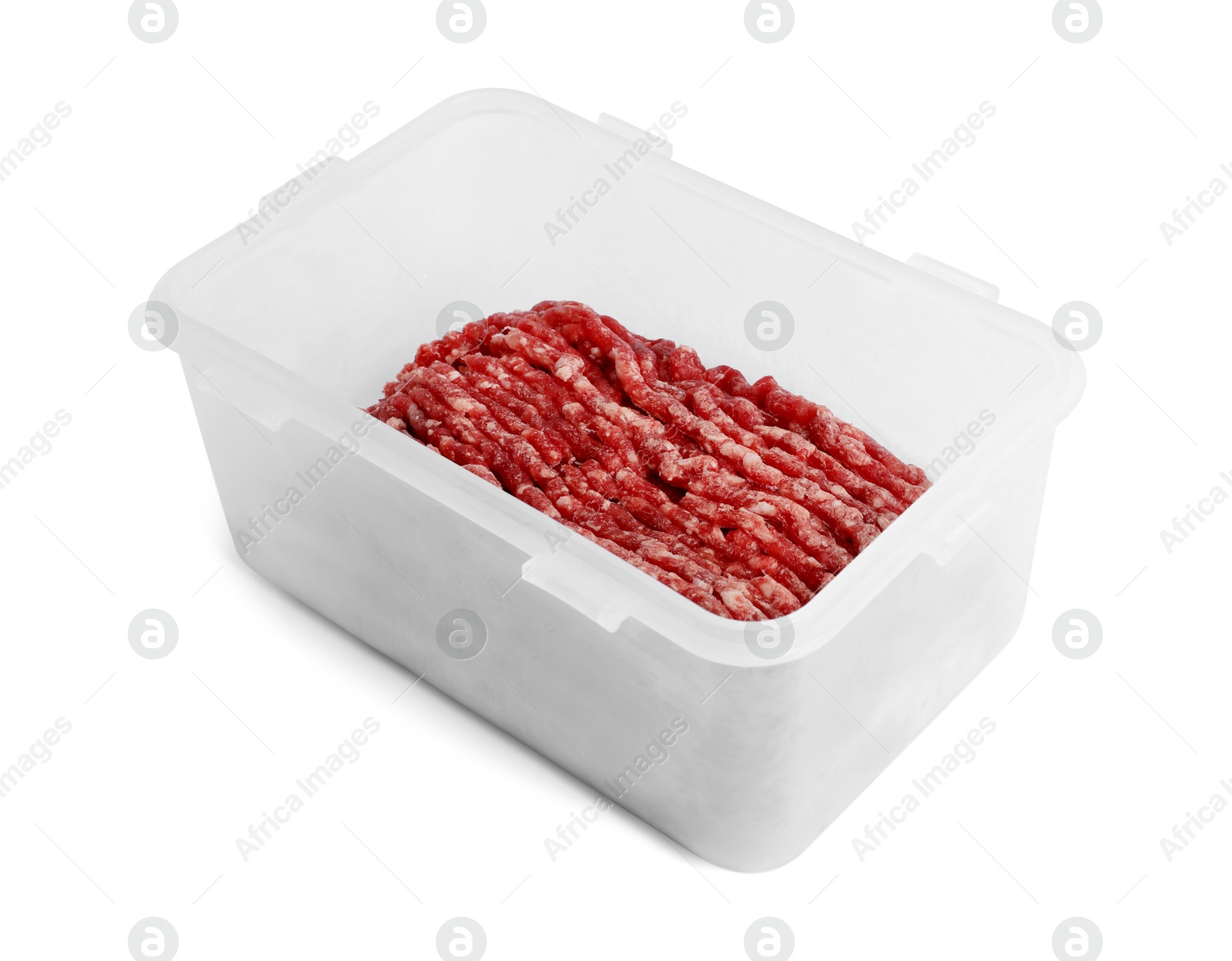 Photo of Frozen minced meat in container isolated on white