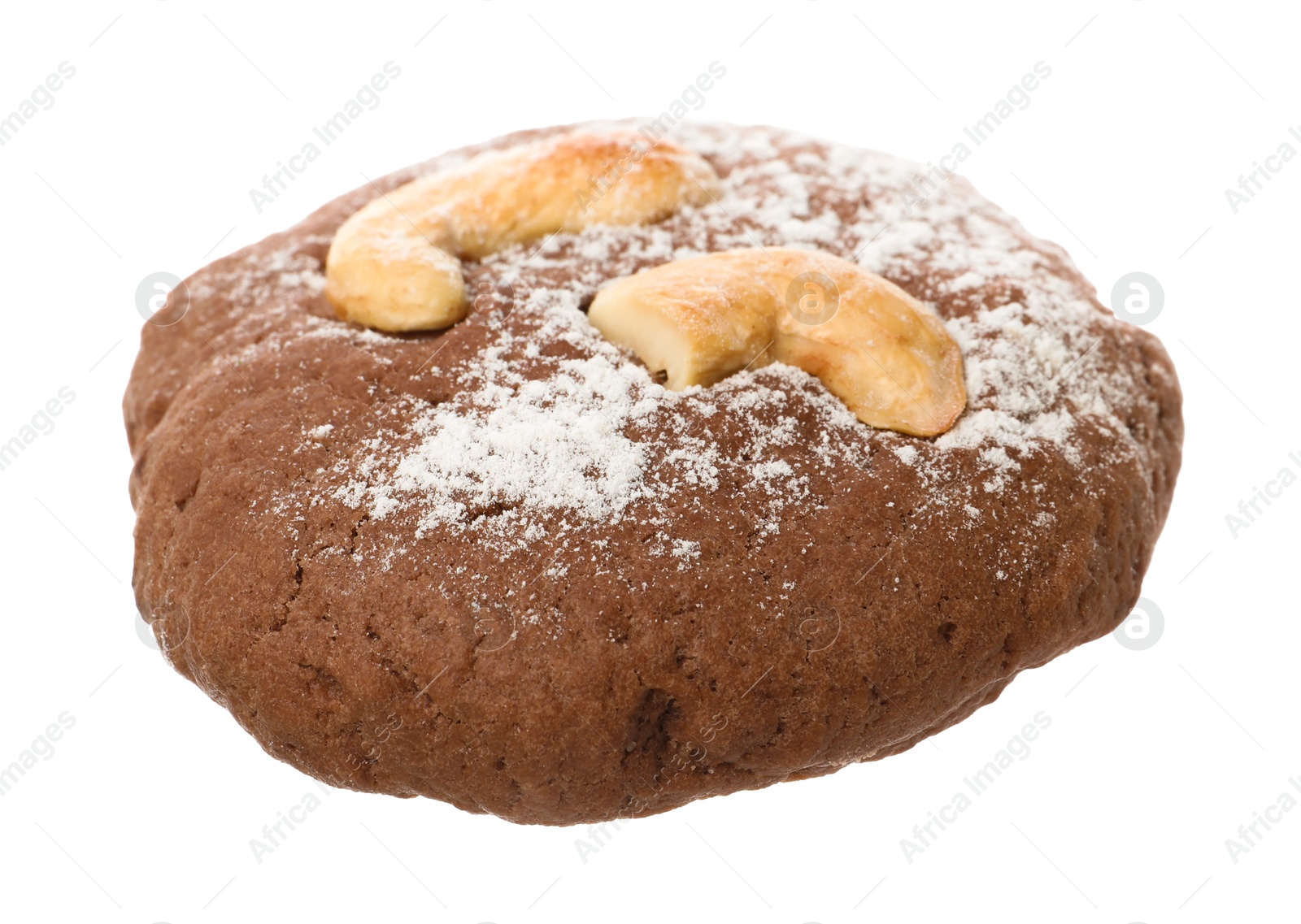 Photo of One delicious chocolate cashew cookie isolated on white