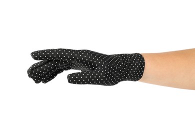 Woman in elegant polka dot glove isolated on white, closeup