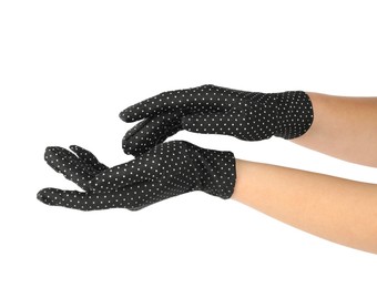 Woman in elegant polka dot gloves isolated on white, closeup