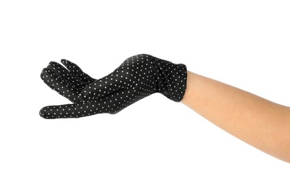 Photo of Woman in elegant polka dot glove isolated on white, closeup