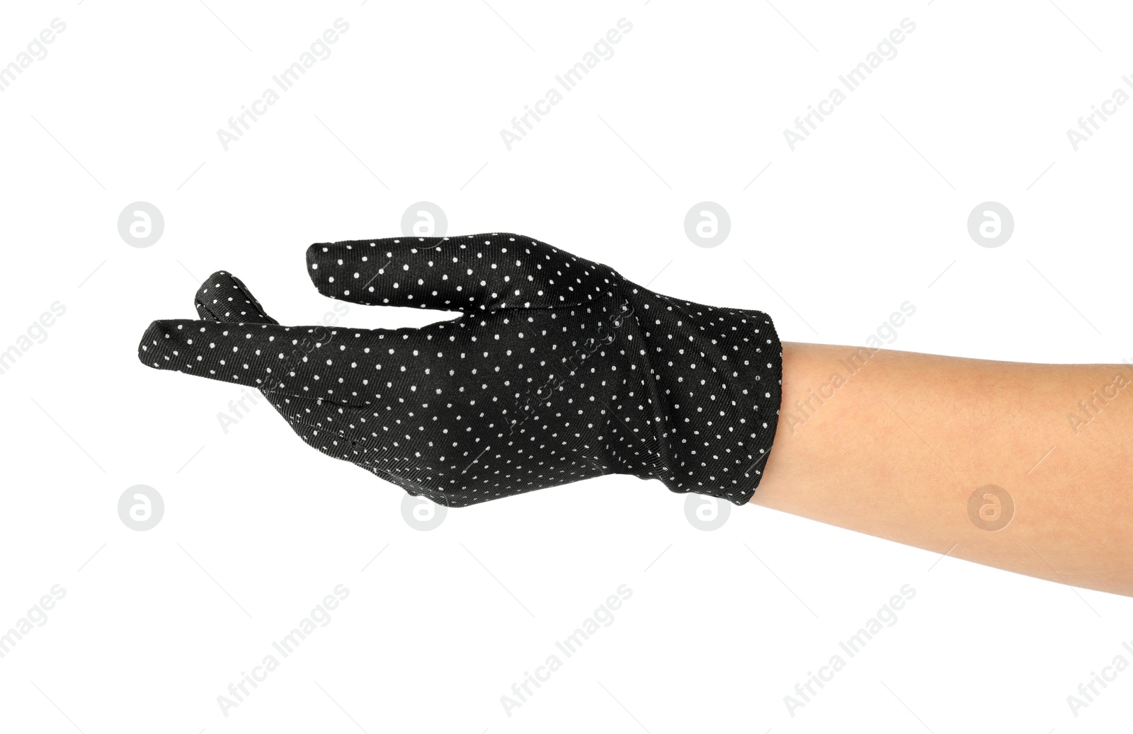 Photo of Woman in elegant polka dot glove isolated on white, closeup