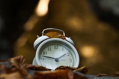 Photo of Alarm clock on fallen dry leaves outdoors, closeup