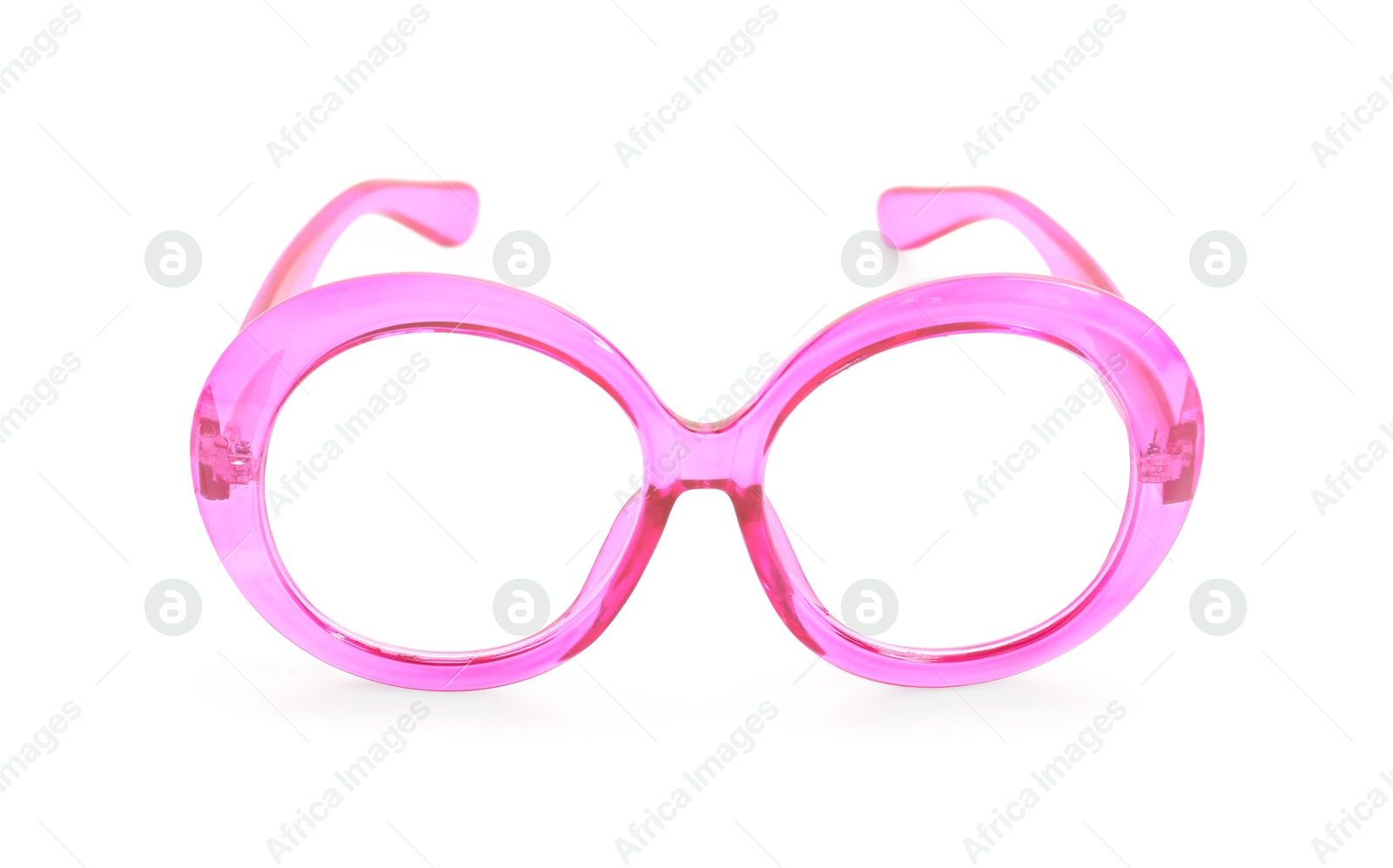 Photo of Stylish bright pink glasses isolated on white