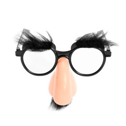 Photo of Funny mask with glasses, fake mustache and nose isolated on white