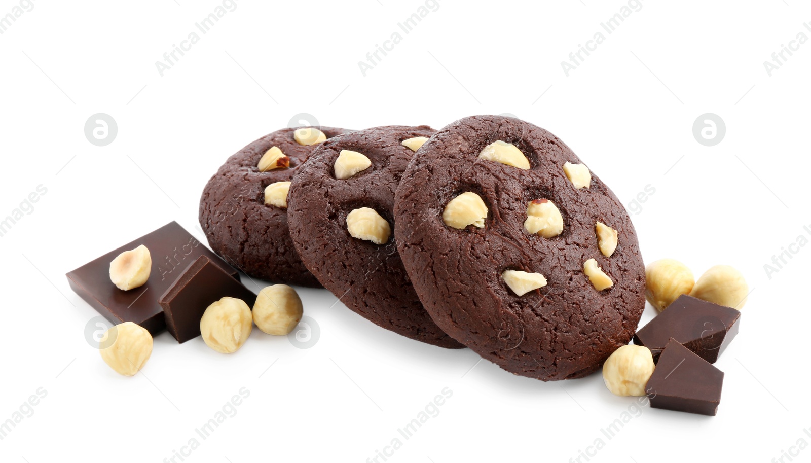 Photo of Tasty chocolate cookies with hazelnuts isolated on white