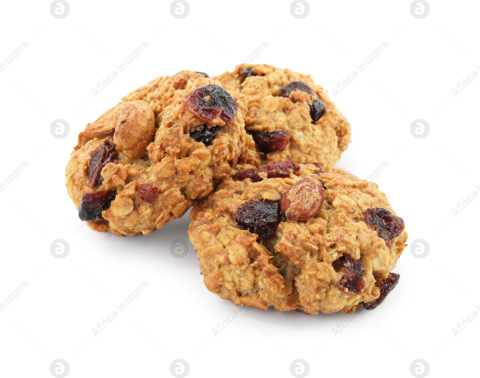 Photo of Delicious oatmeal cookies with dried cranberries and nuts isolated on white