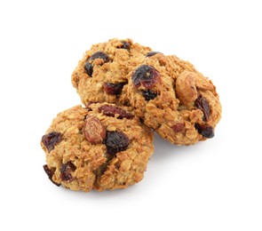 Delicious oatmeal cookies with dried cranberries and nuts isolated on white