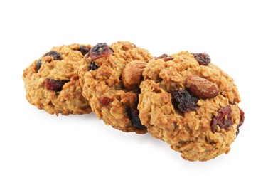 Photo of Delicious oatmeal cookies with dried cranberries and nuts isolated on white