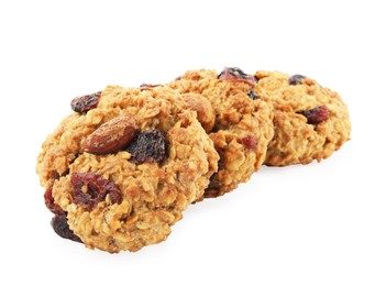 Photo of Delicious oatmeal cookies with dried cranberries and nuts isolated on white