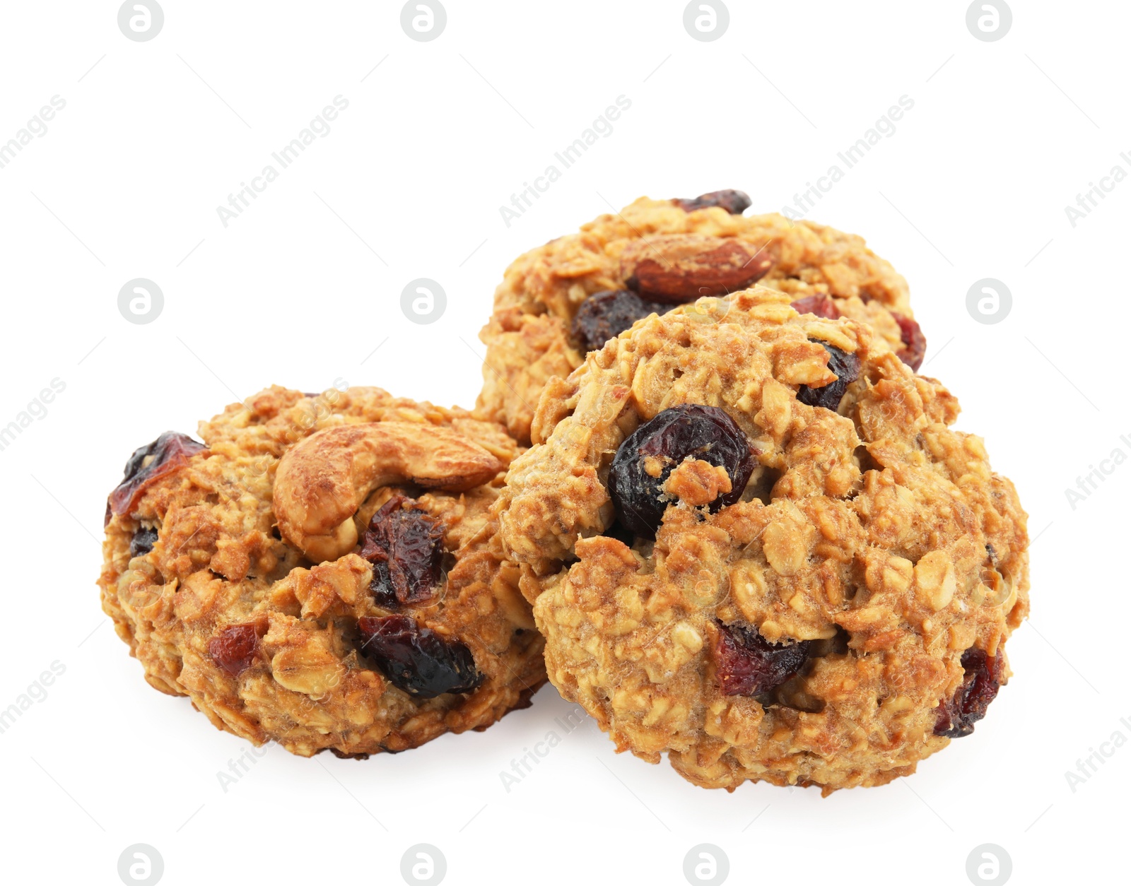 Photo of Delicious oatmeal cookies with dried cranberries and nuts isolated on white