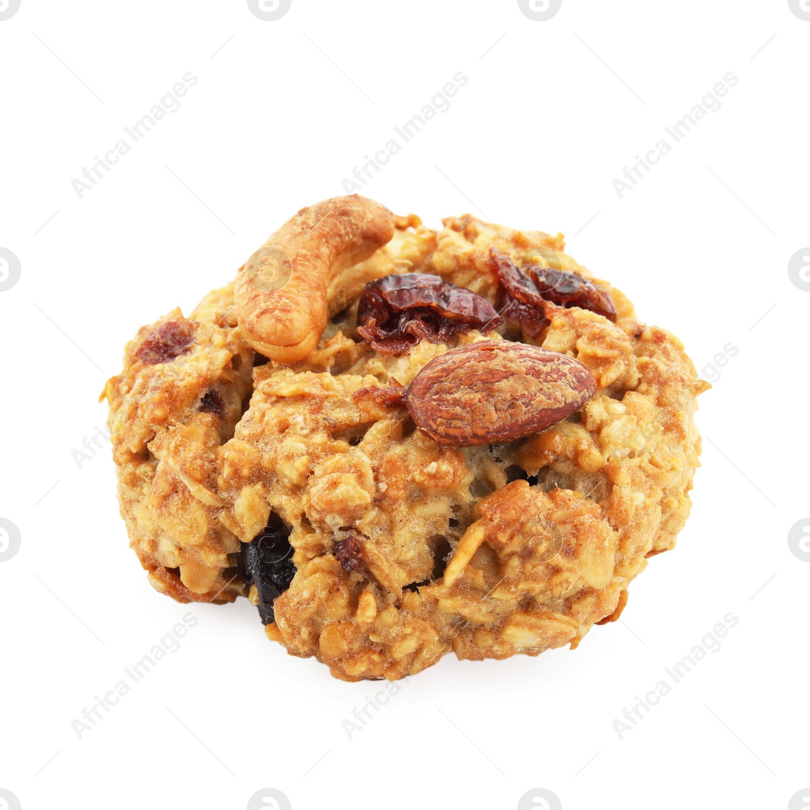 Photo of One delicious oatmeal cookie with dried cranberries and nuts isolated on white