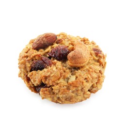 Photo of One delicious oatmeal cookie with dried cranberries and nuts isolated on white