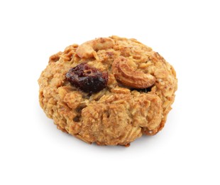 Photo of One delicious oatmeal cookie with dried cranberries and nuts isolated on white