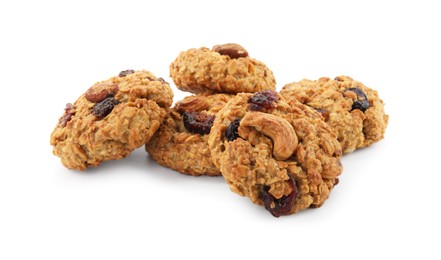 Photo of Delicious oatmeal cookies with dried cranberries and nuts isolated on white