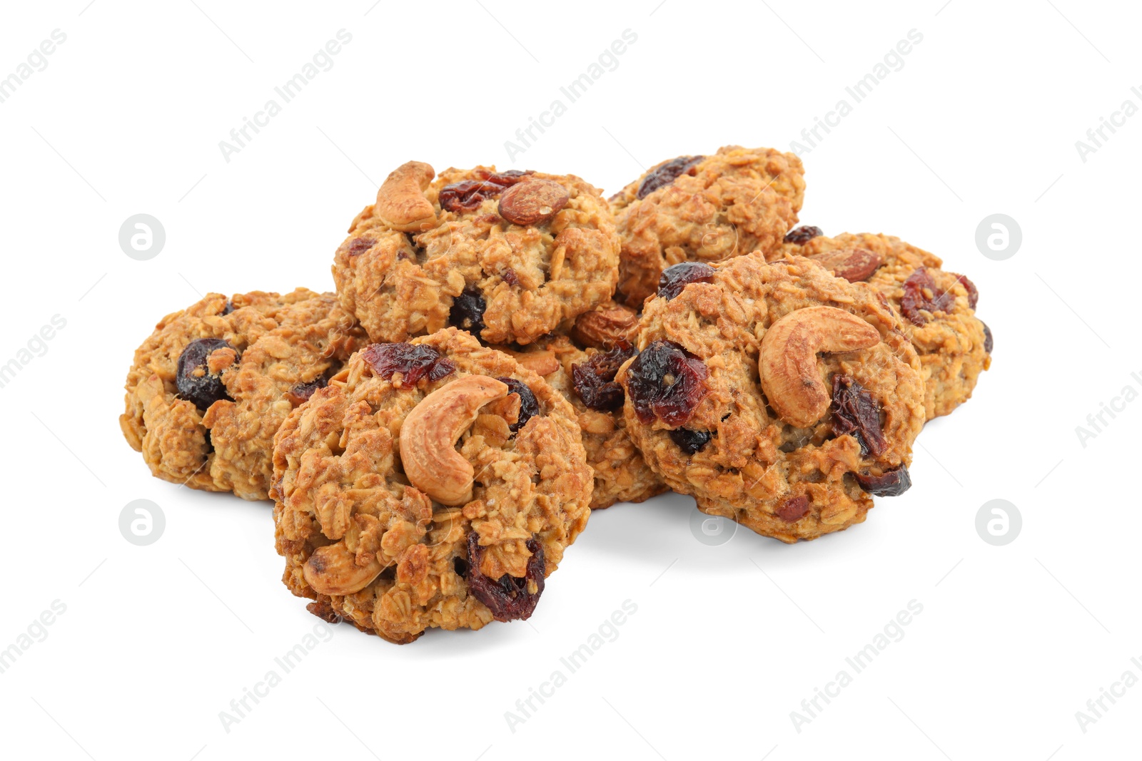 Photo of Delicious oatmeal cookies with dried cranberries and nuts isolated on white