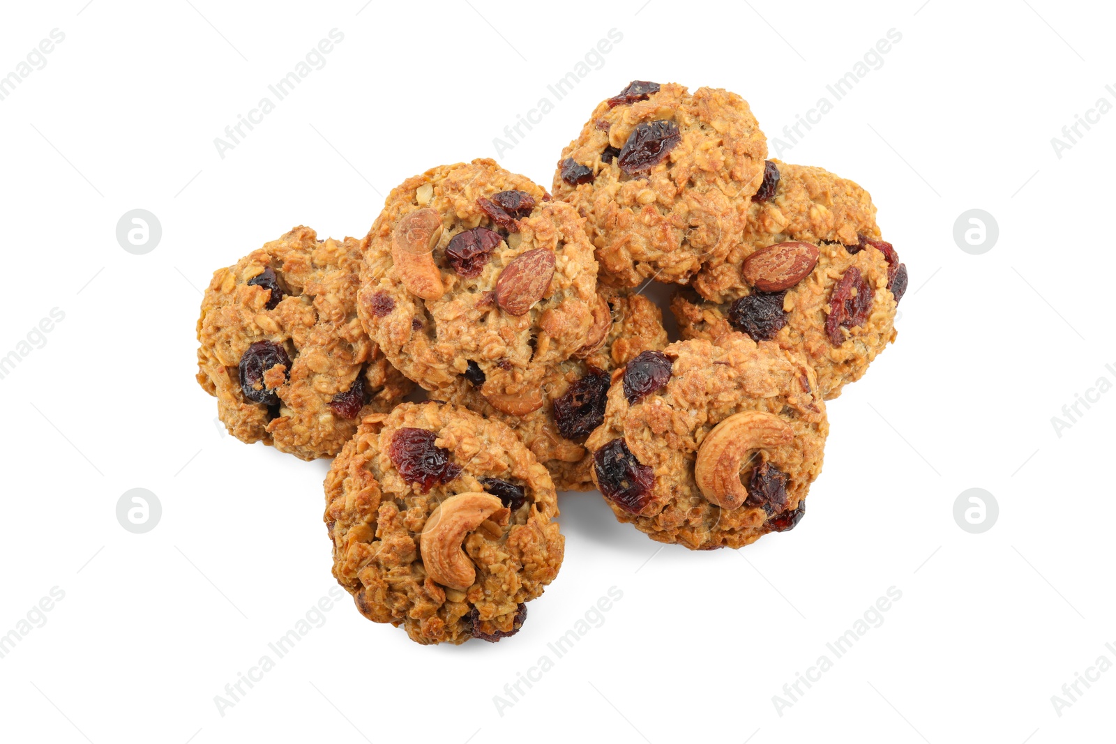 Photo of Delicious oatmeal cookies with dried cranberries and nuts isolated on white, top view