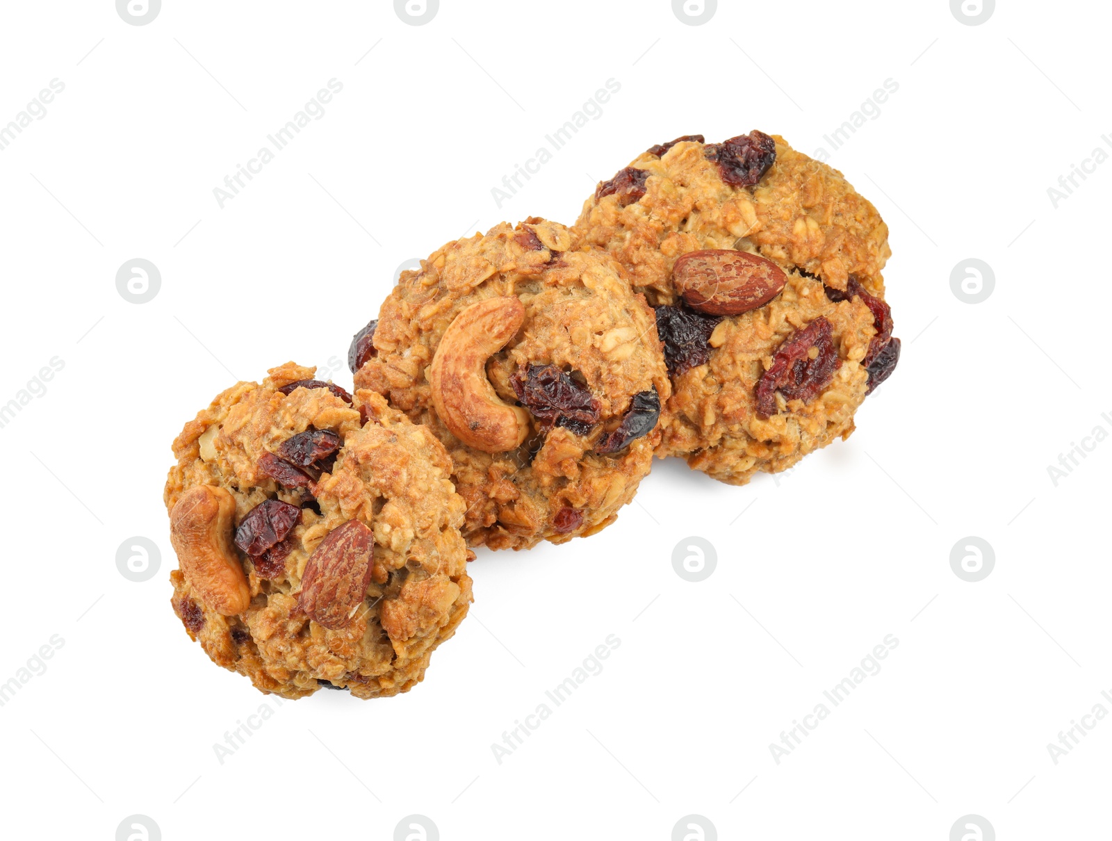 Photo of Delicious oatmeal cookies with dried cranberries and nuts isolated on white, top view