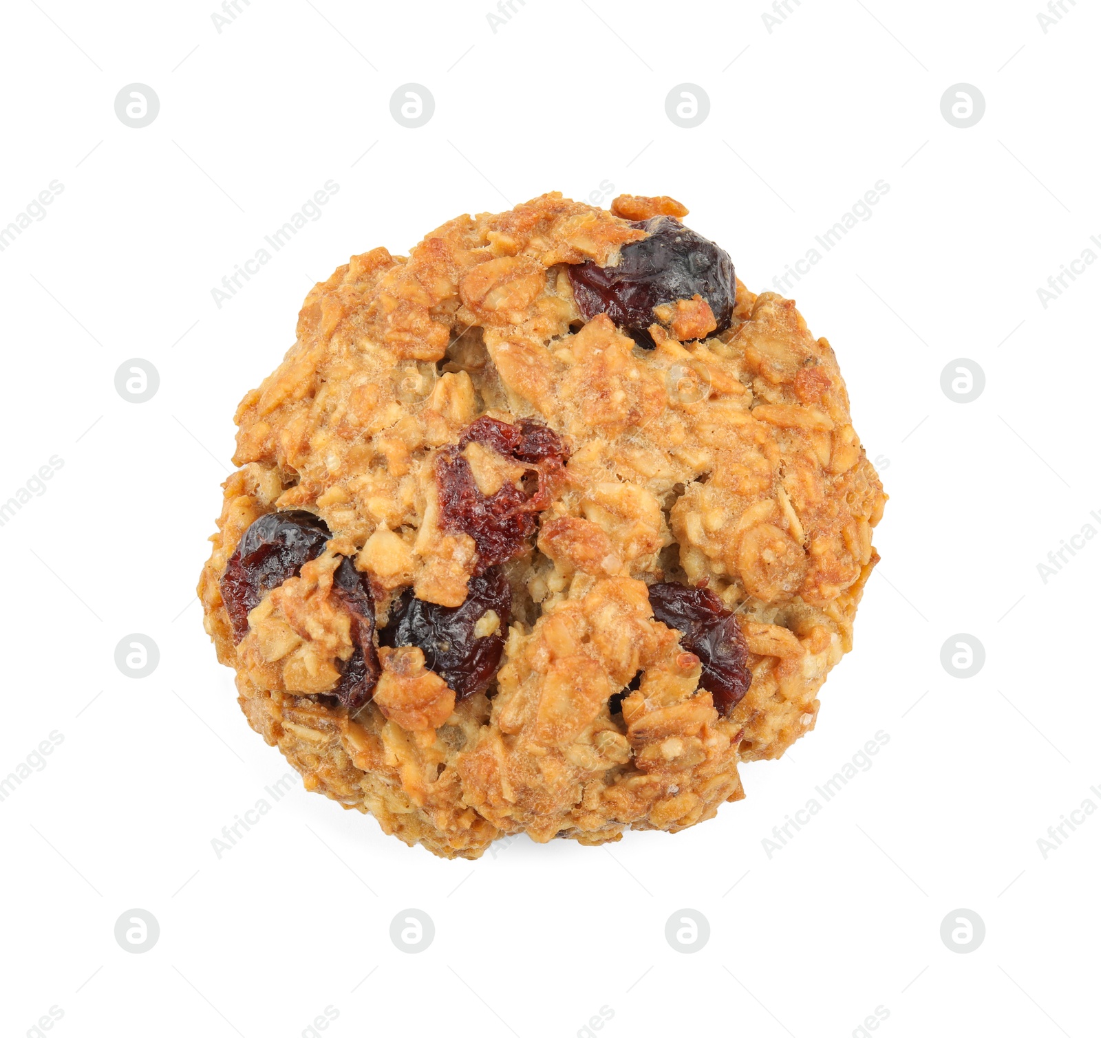 Photo of One delicious oatmeal cookie with dried cranberries and nuts isolated on white, top view