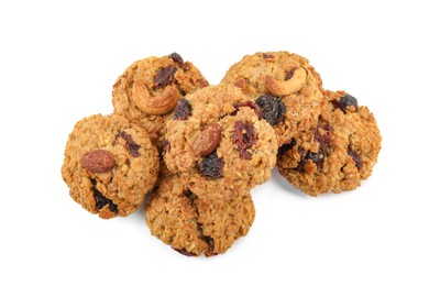 Photo of Delicious oatmeal cookies with dried cranberries and nuts isolated on white, top view